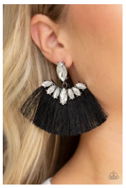 Formal Flair - Black - Thread / Fringe - Rhinestones - Post Earrings